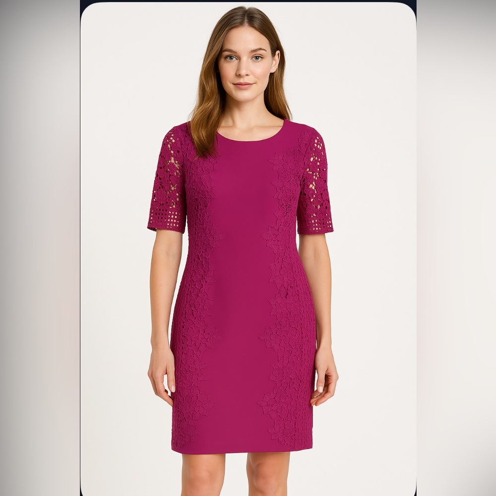 Antonio Melani Fuchsia Lace Elbow Sleeve Sheath Wedding Guest Dress size 10